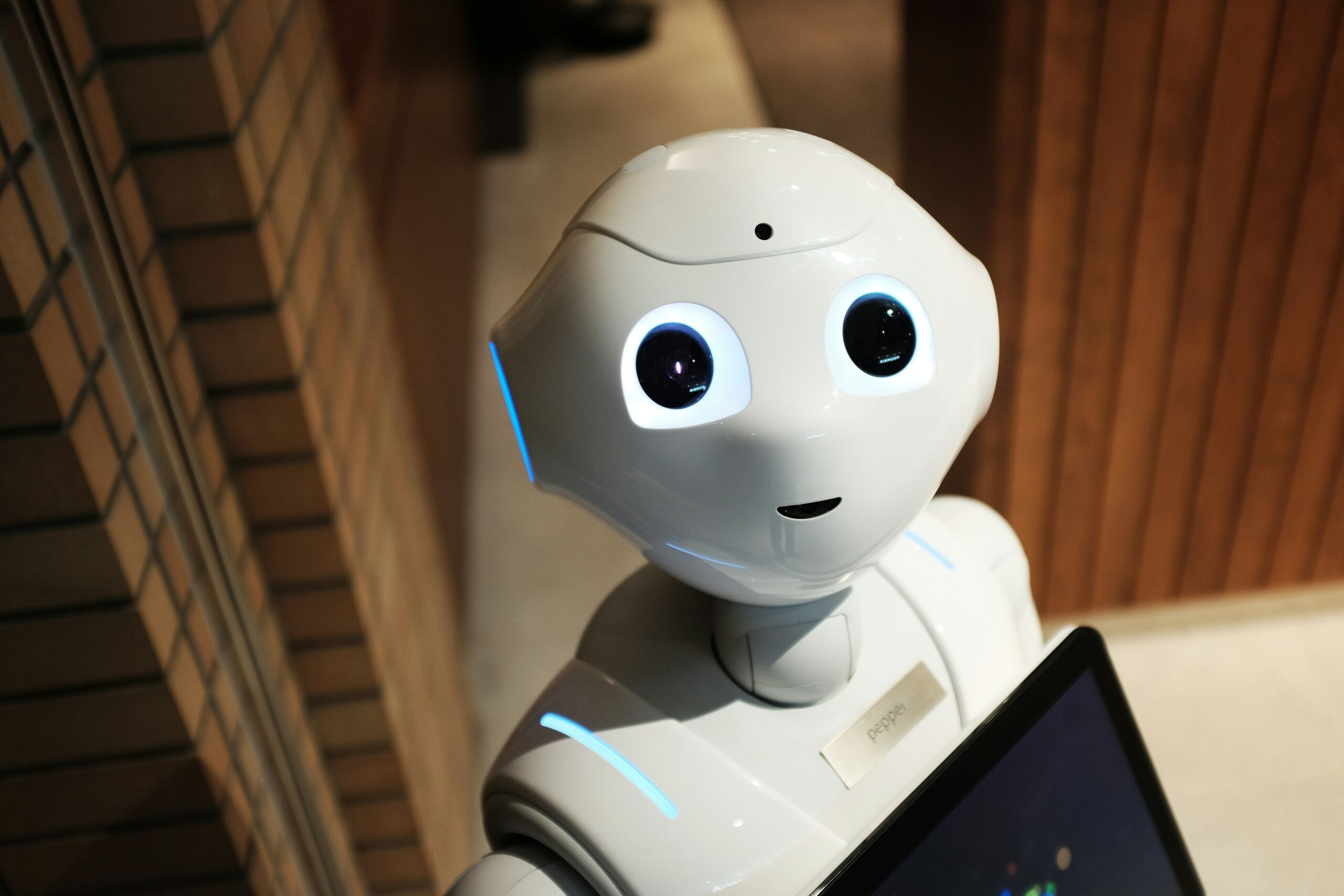 A white humanoid robot with large, round, blue eyes and a friendly face stands inside a building. The robot appears to be interactive, with a display on its chest and a camera on its forehead. The environment has wooden and brick walls.