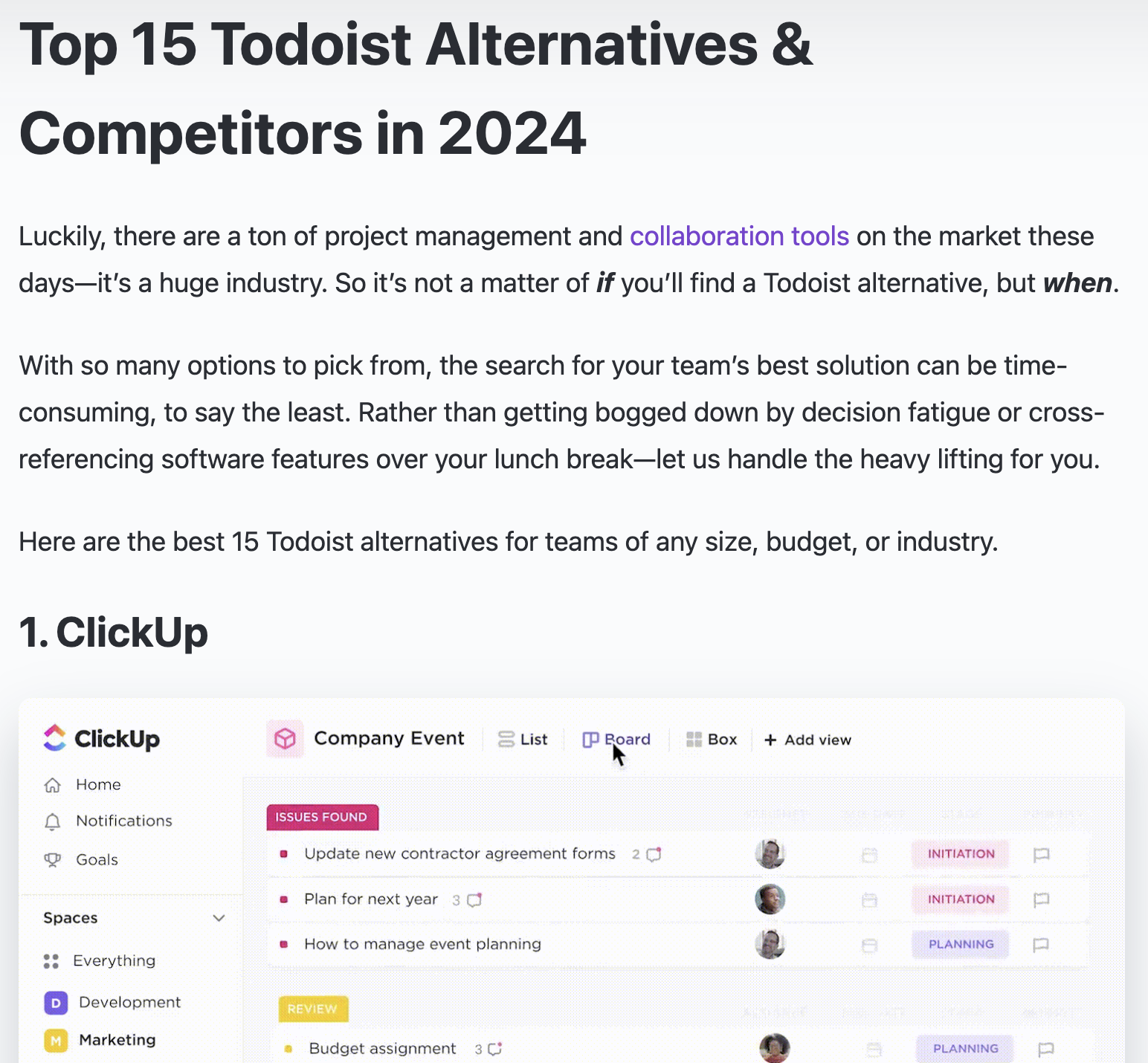 amenity tools, starting with ClickUp as the first alternative to Todoist. ClickUp's interface is shown with various task and project management options.