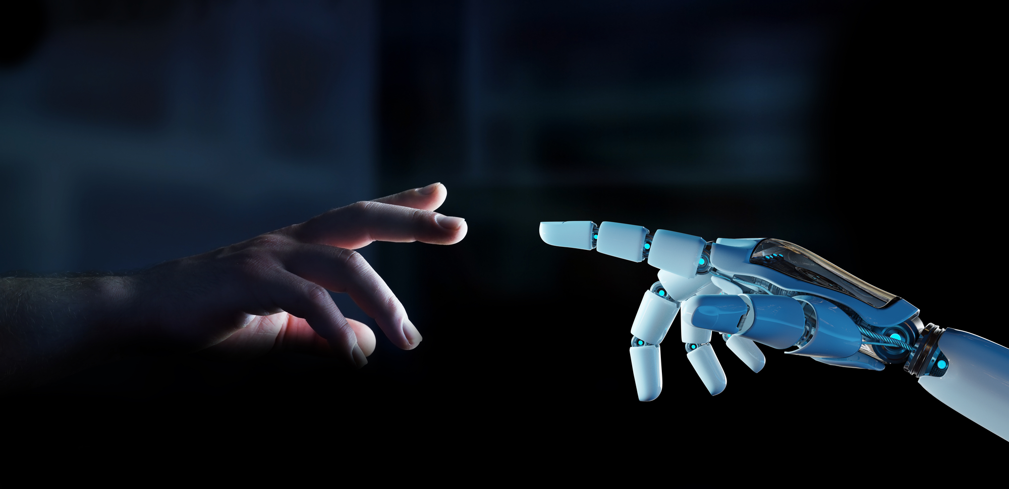 A human hand and a robotic hand reach toward each other, their fingertips almost touching.