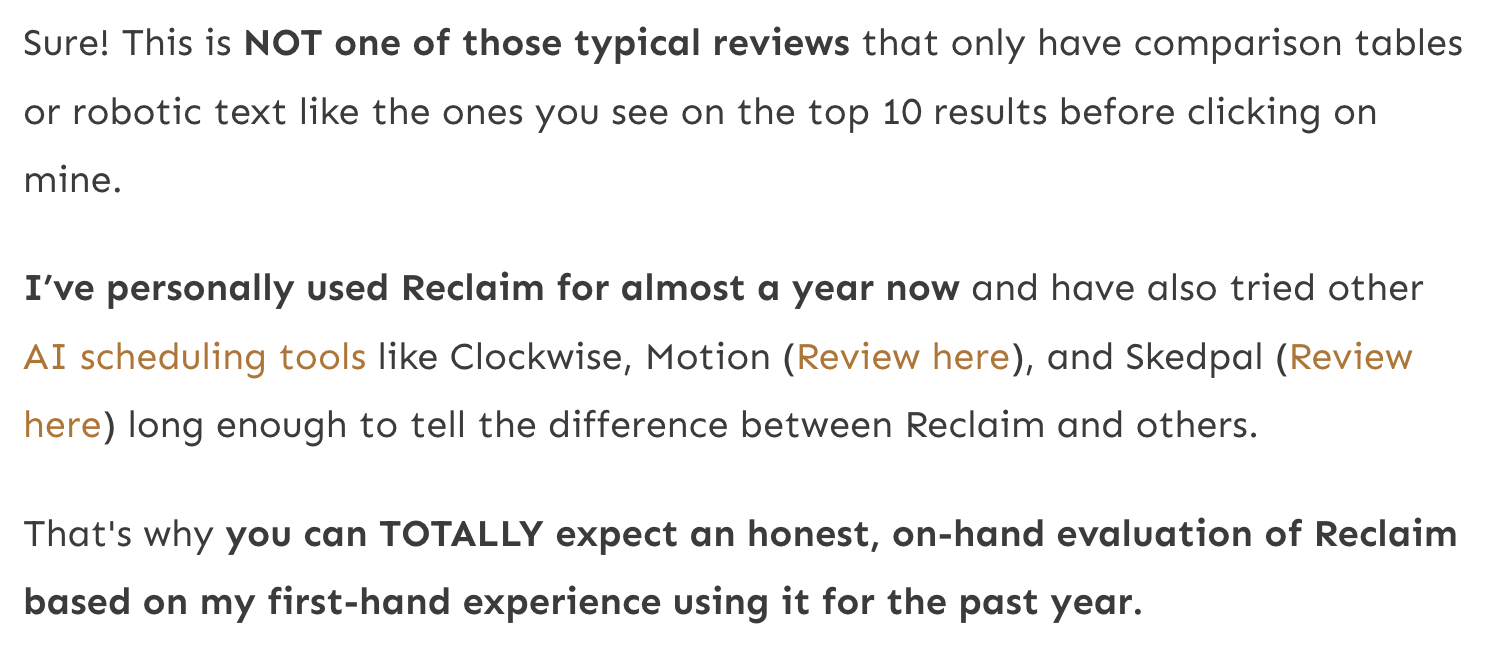 Image of a review indicating that the author has nearly a year of experience using Reclaim, an AI scheduling tool. The author compares Reclaim to other tools such as Clockwise, Motion and Skedpal, and emphasizes that the review is based on personal experience.