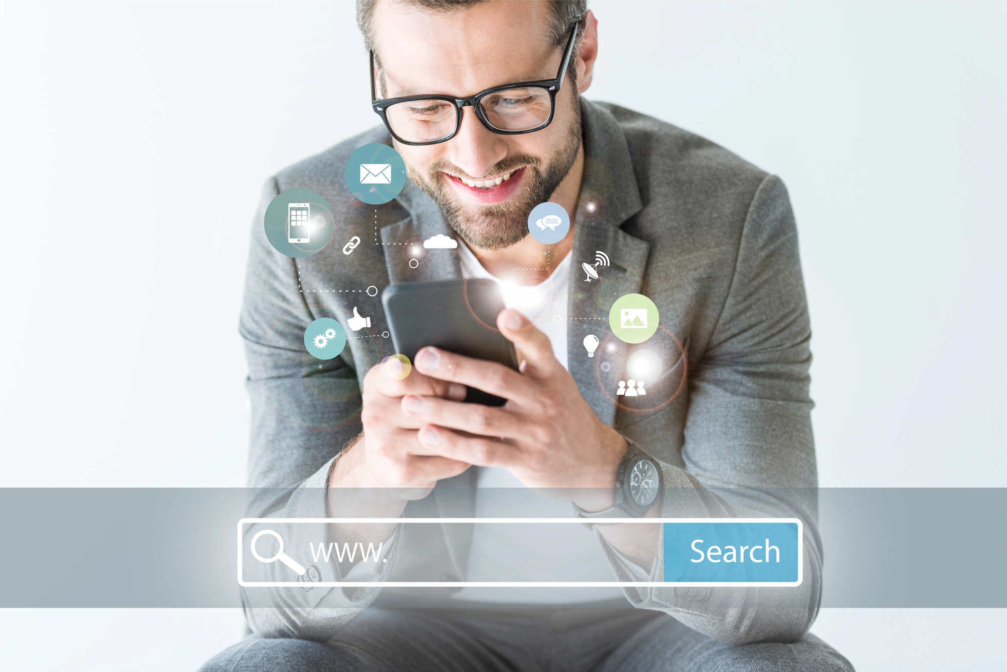 Man with glasses uses smartphone with digital marketing icons around it and search bar at bottom.