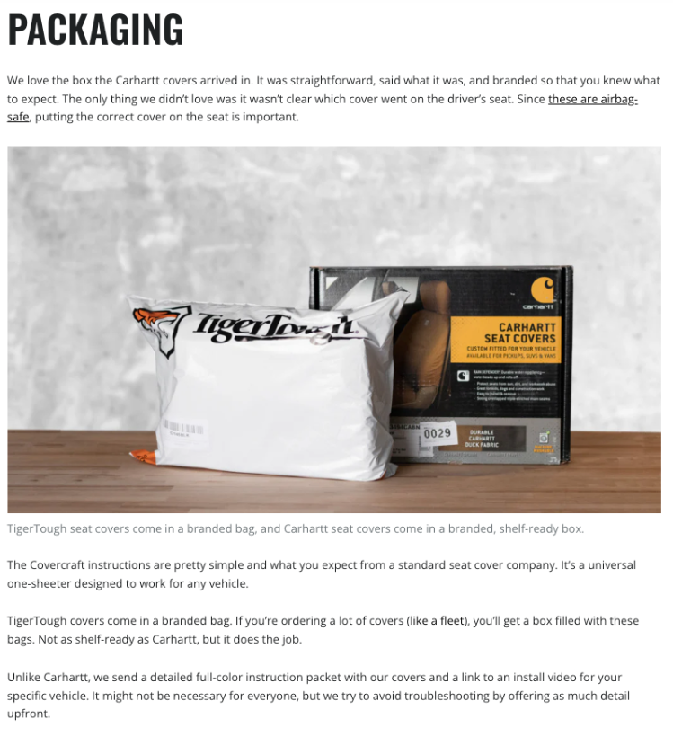 Image of the packaging of TigerTough and Carhartt chair covers. The TigerTough chair covers come in a white, branded bag, while the Carhartt chair covers come in a black, branded, ready-to-use box. The text discusses the simplicity and convenience of both brands' instructions, describing Carhartt's packaging as clearer and more user-friendly.