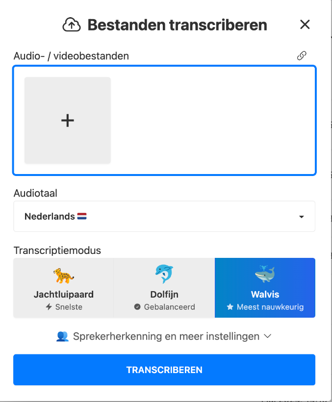 A screenshot of a transcription program in which audio or video files can be uploaded for transcription. The interface shows options for the language of the audio (Dutch) and different transcription modes, such as Cheetah, Dolphin, and Whale, with "Whale" selected as the most accurate mode.